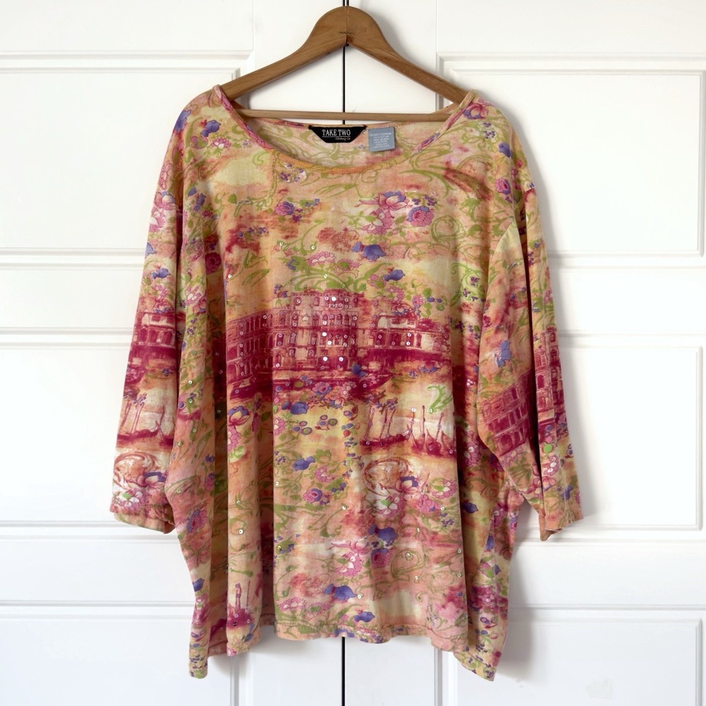 Take Two Clothing Boho Artsy Knit Top Womens 3X Colorful Italy Cityscape Sequins